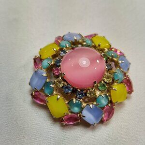 1950's Multi-colored Brooch with a Pink Glass Center Piece